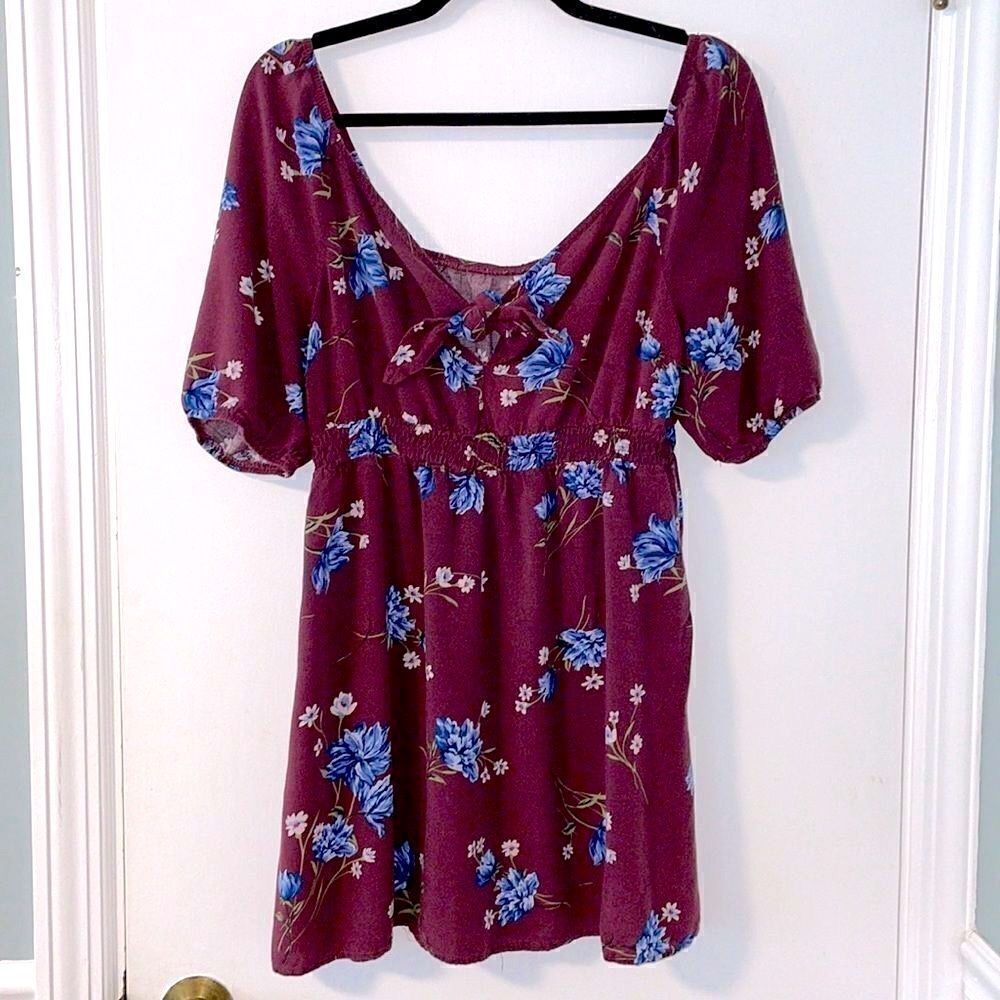 Xhilaration tie front square back peasant babydoll floral print tunic top L